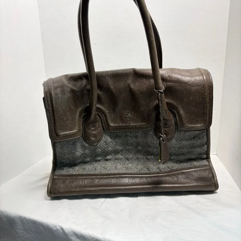 Cole Haan gray quilted purse, brown leather details, large satchel, charm¸